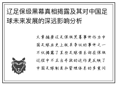 辽足保级黑幕真相揭露及其对中国足球未来发展的深远影响分析
